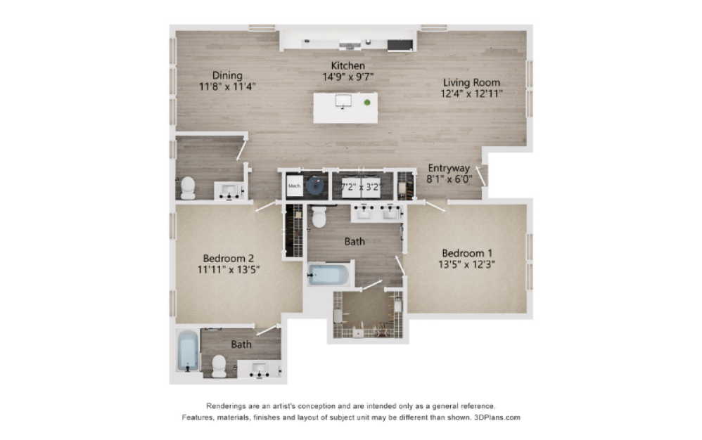 B3A - 2 bedroom floorplan layout with 2.5 baths and 1334 square feet. (2D)