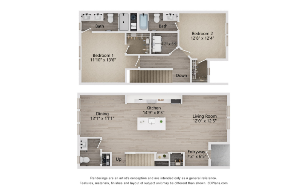 B3B - 2 bedroom floorplan layout with 2.5 baths and 1389 square feet. (2D)