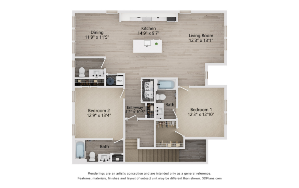 B3C - 2 bedroom floorplan layout with 2.5 bathrooms and 1479 square feet (2D)