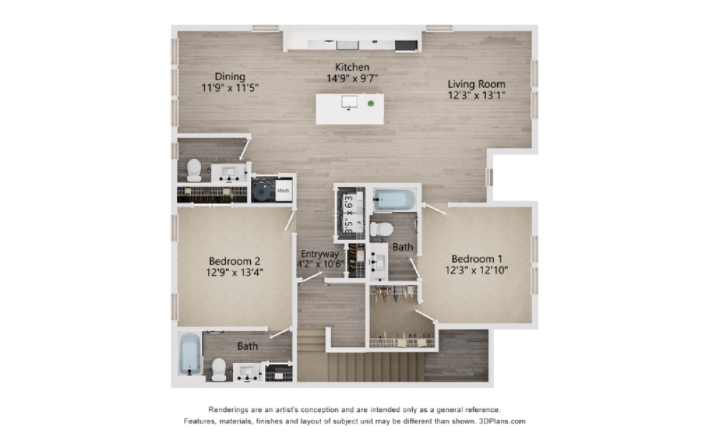 B3C - 2 bedroom floorplan layout with 2.5 baths and 1479 square feet. (2D)