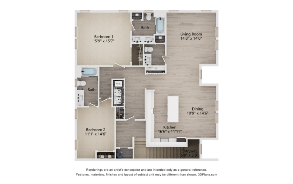 B3D - 2 bedroom floorplan layout with 2.5 bathrooms and 1696 square feet (2D)