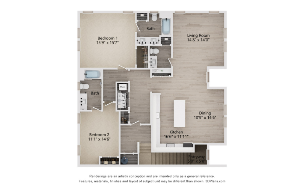 B3D - 2 bedroom floorplan layout with 2.5 baths and 1696 square feet. (2D)