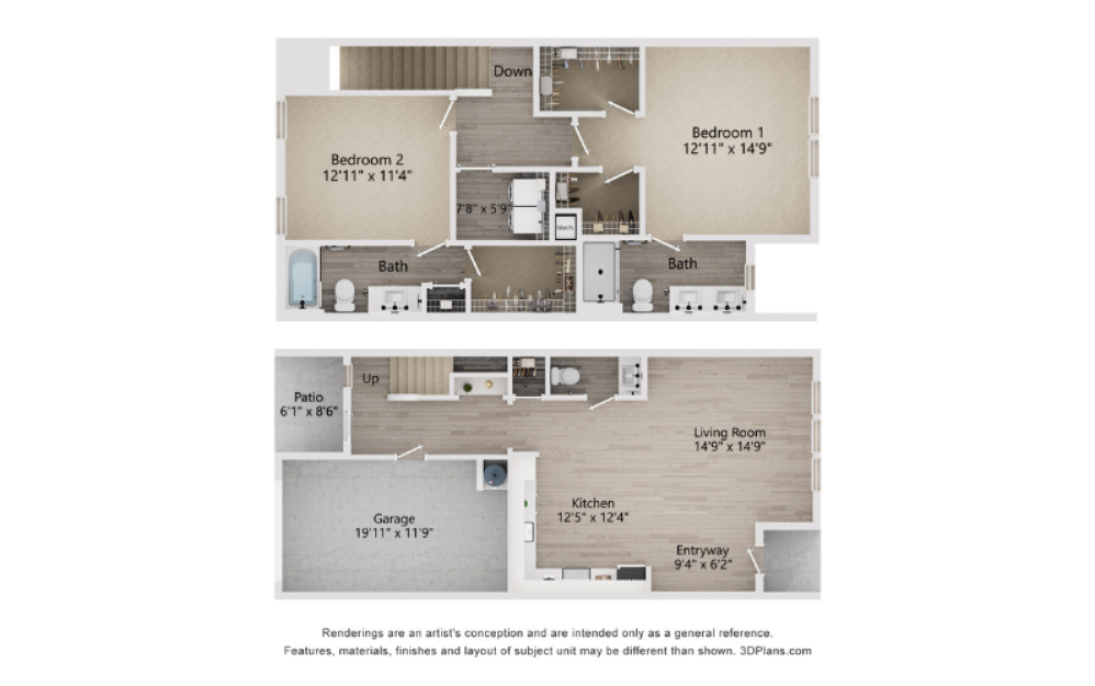 B3E - 2 bedroom floorplan layout with 2.5 baths and 1725 square feet. (2D)