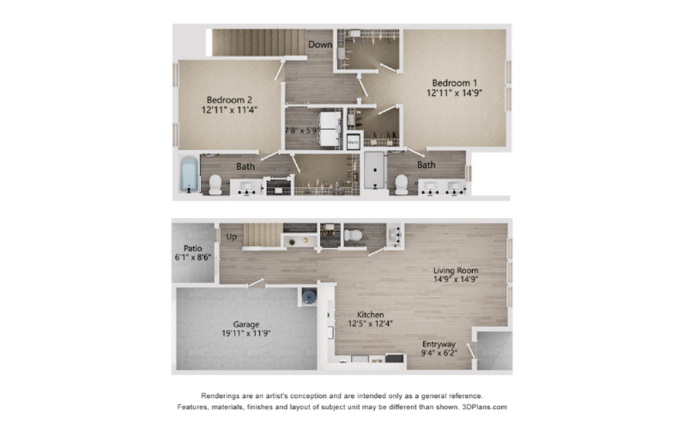 B3E - 2 bedroom floorplan layout with 2.5 bathrooms and 1725 square feet (2D)