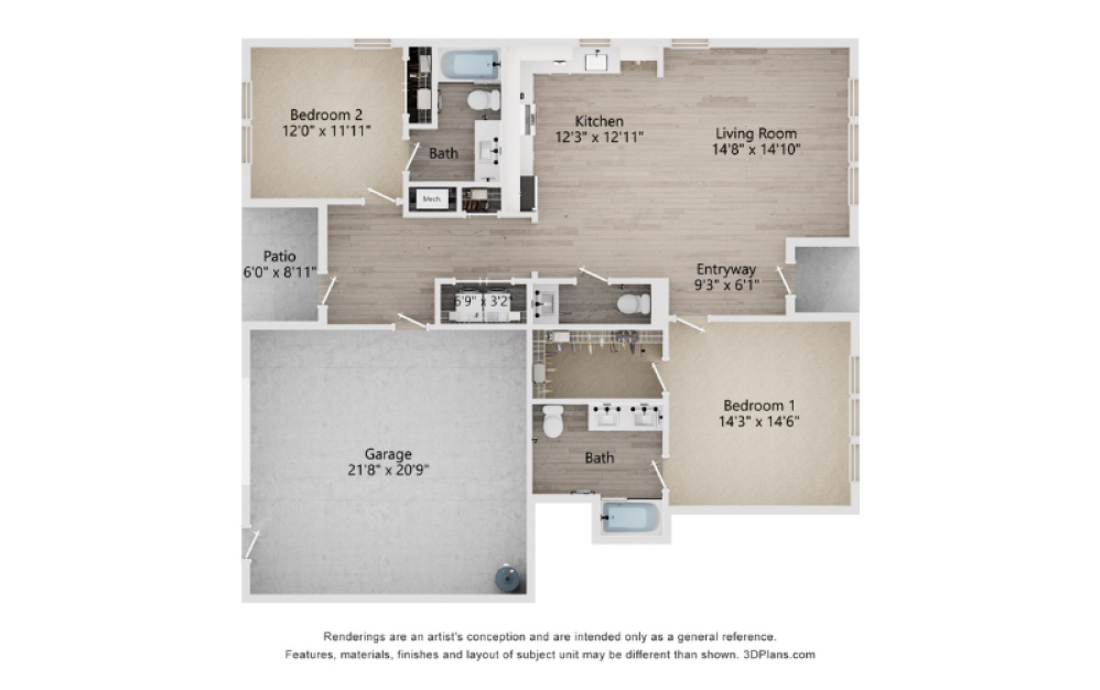 B3F - 2 bedroom floorplan layout with 2.5 bathrooms and 1820 square feet (2D)