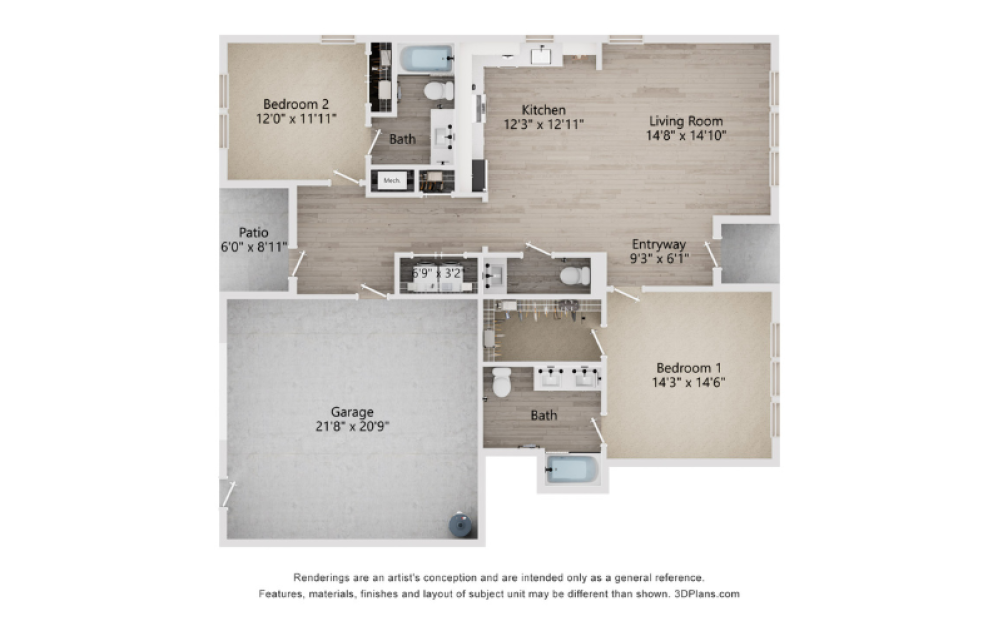 B3F - 2 bedroom floorplan layout with 2.5 baths and 1820 square feet. (2D)