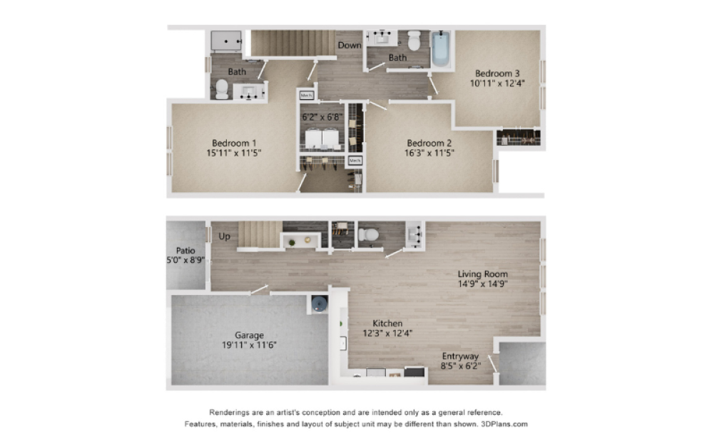 C3A - 3 bedroom floorplan layout with 2.5 baths and 1808 square feet.
