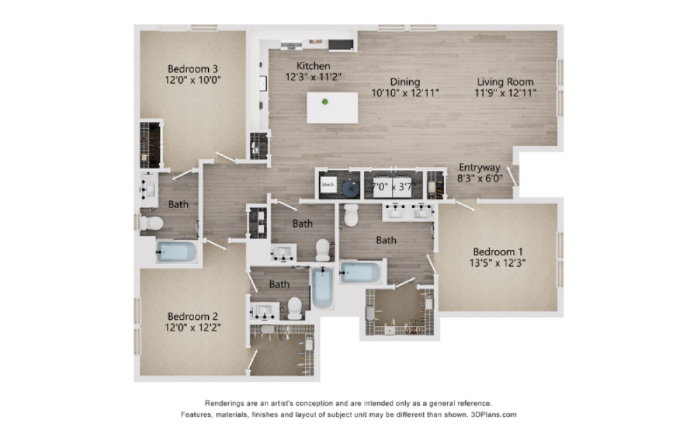 C4A - 3 bedroom floorplan layout with 3.5 baths and 1627 square feet.