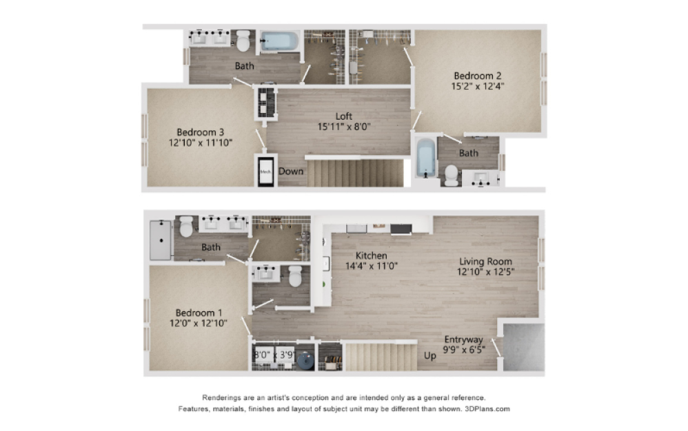 C4B - 3 bedroom floorplan layout with 3.5 bathrooms and 1663 square feet (2D)