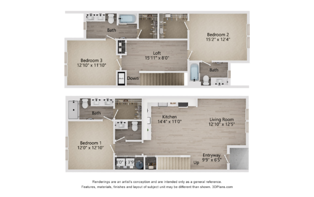 C4B - 3 bedroom floorplan layout with 3.5 baths and 1663 square feet. (2D)
