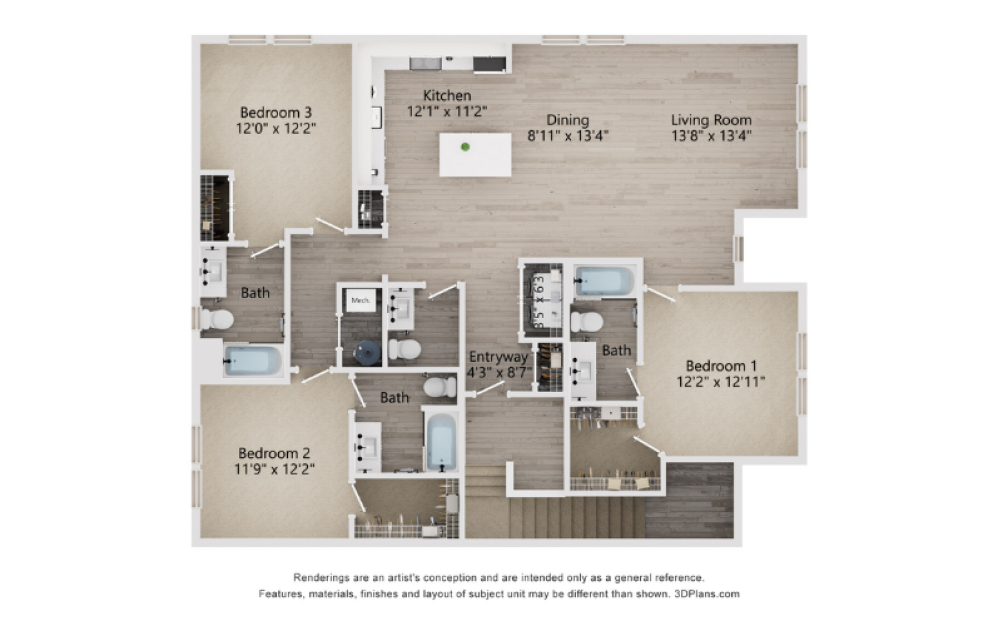 C4C - 3 bedroom floorplan layout with 3.5 baths and 1789 square feet. (2D)