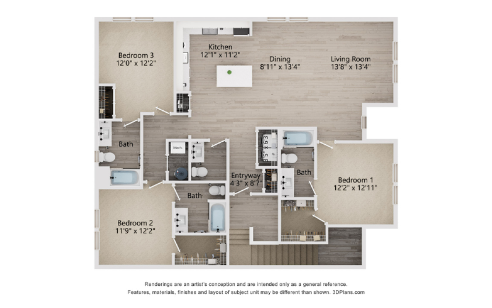 C4C - 3 bedroom floorplan layout with 3.5 bathrooms and 1789 square feet (2D)