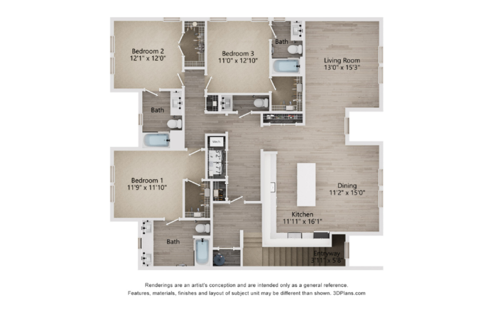 C4D - 3 bedroom floorplan layout with 3.5 baths and 1872 square feet. (2D)