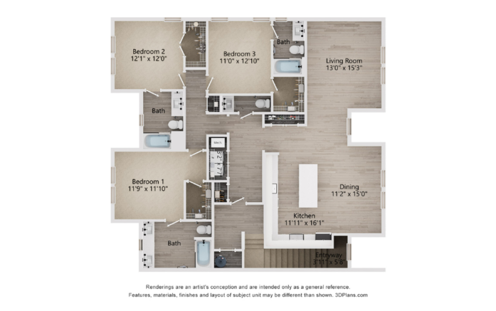 C4D - 3 bedroom floorplan layout with 3.5 bathrooms and 1872 square feet (2D)