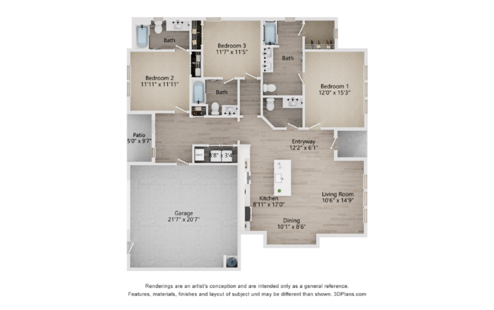 C4E - 3 bedroom floorplan layout with 3.5 baths and 2099 square feet. (2D)