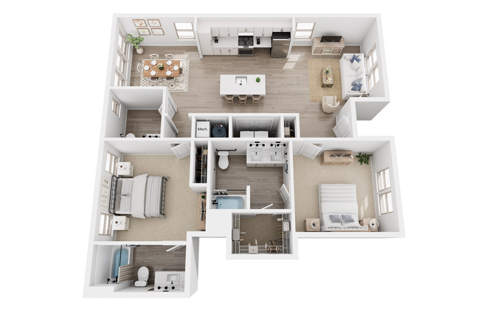 B3A - 2 bedroom floorplan layout with 2.5 baths and 1334 square feet. (3D)