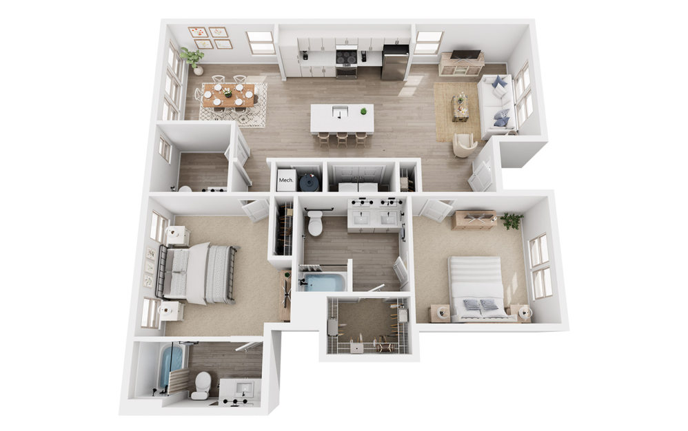 B3A - 2 bedroom floorplan layout with 2.5 bathrooms and 1334 square feet (3D)