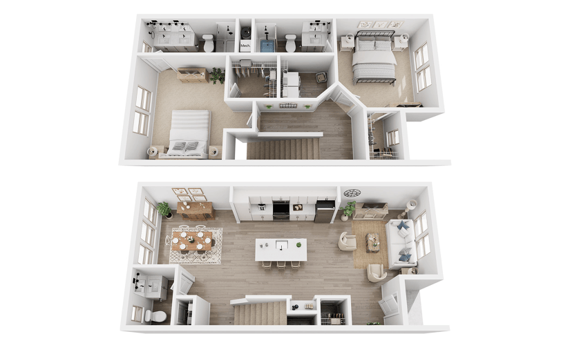 B3B - 2 bedroom floor plan layout with 2.5 bathrooms and 1389 square feet