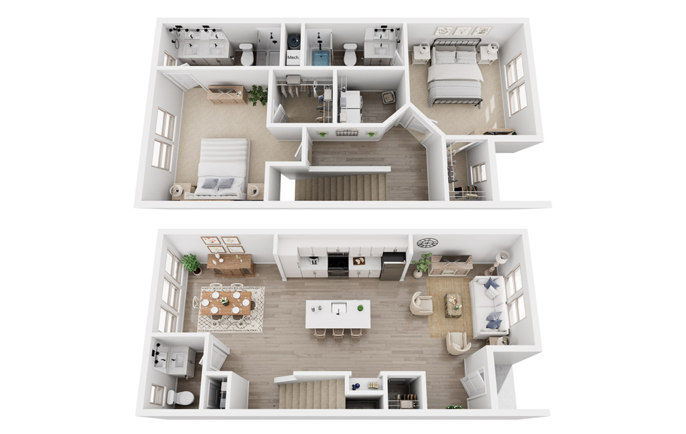 B3B - 2 bedroom floorplan layout with 2.5 baths and 1389 square feet. (3D)