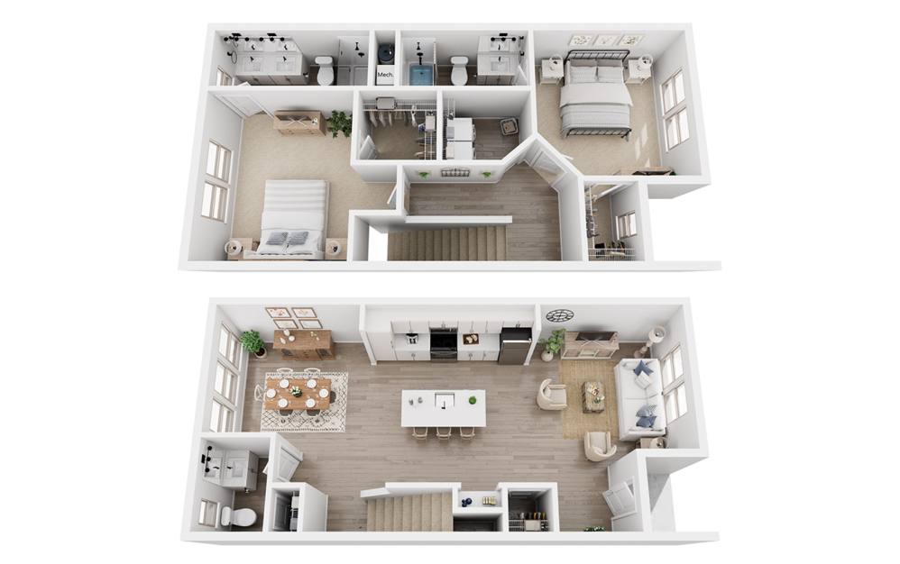 B3B - 2 bedroom floorplan layout with 2.5 bathrooms and 1389 square feet (3D)