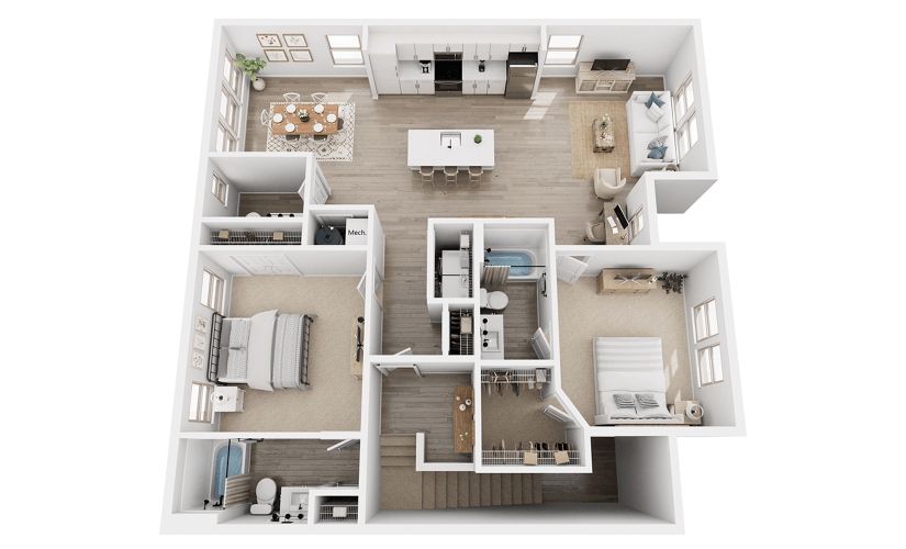 B3C - 2 bedroom floor plan layout with 2.5 bathrooms and 1479 square feet