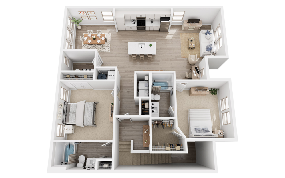 B3C - 2 bedroom floorplan layout with 2.5 bathrooms and 1479 square feet (3D)