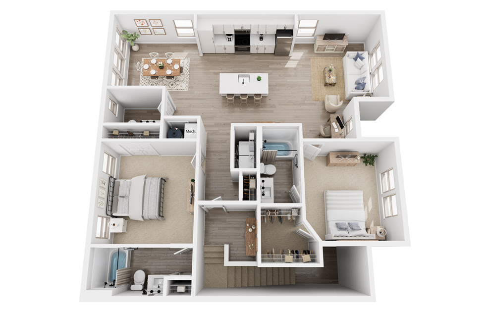 B3C - 2 bedroom floorplan layout with 2.5 baths and 1479 square feet. (3D)