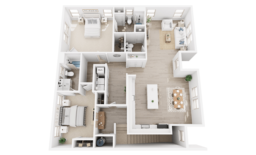 B3D - 2 bedroom floor plan layout with 2.5 bathrooms and 1696 square feet
