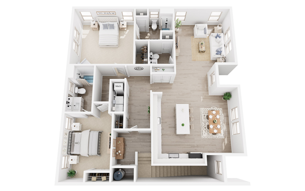 B3D - 2 bedroom floorplan layout with 2.5 bathrooms and 1696 square feet (3D)