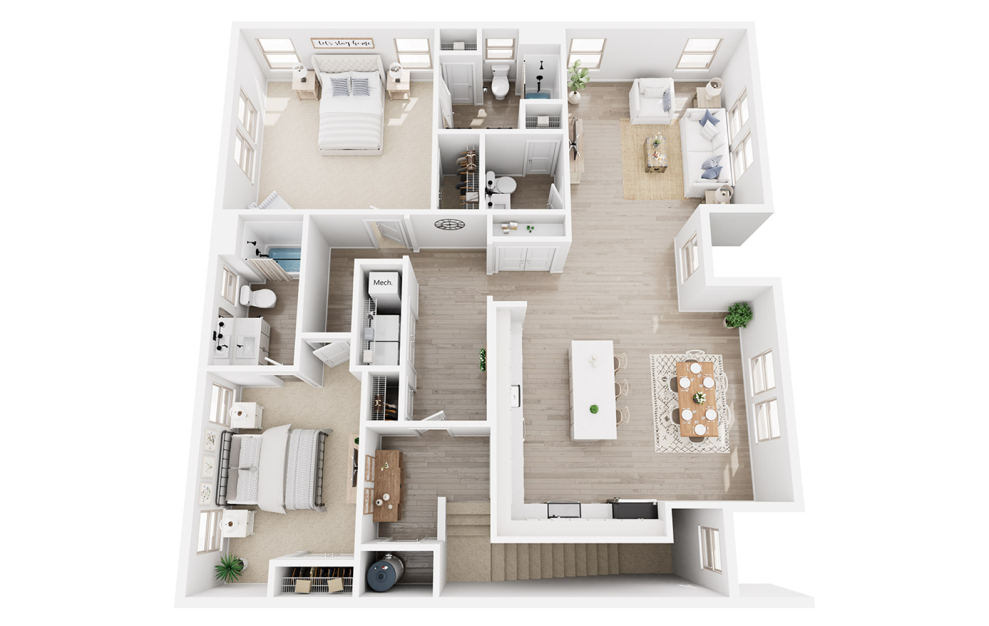 B3D - 2 bedroom floorplan layout with 2.5 baths and 1696 square feet. (3D)
