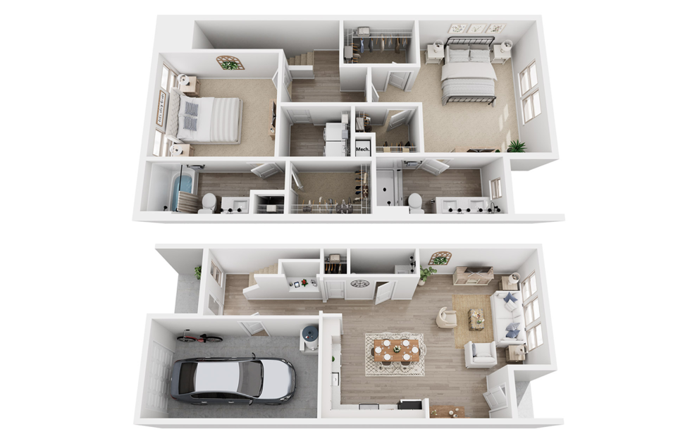 B3E - 2 bedroom floorplan layout with 2.5 baths and 1725 square feet. (3D)