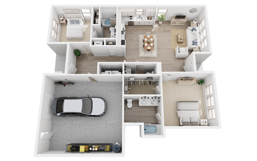 B3F - 2 bedroom floorplan layout with 2.5 bathrooms and 1820 square feet (3D)