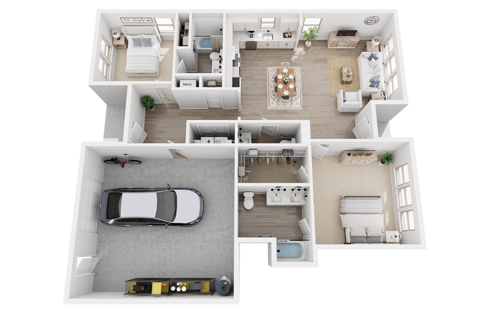 B3F - 2 bedroom floorplan layout with 2.5 baths and 1820 square feet. (3D)