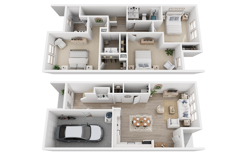 C3A - 3 bedroom floorplan layout with 2.5 bathrooms and 1808 square feet (3D)