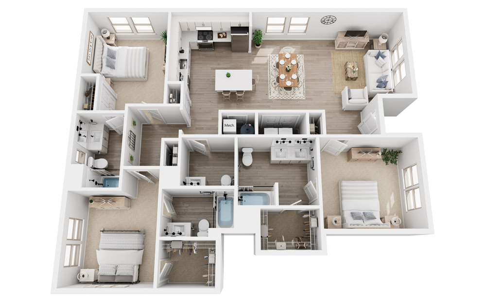 C4A - 3 bedroom floorplan layout with 3.5 bathrooms and 1627 square feet (3D)