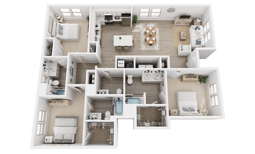 C4A - 3 bedroom floor plan layout with 3.5 bathrooms and 1627 square feet