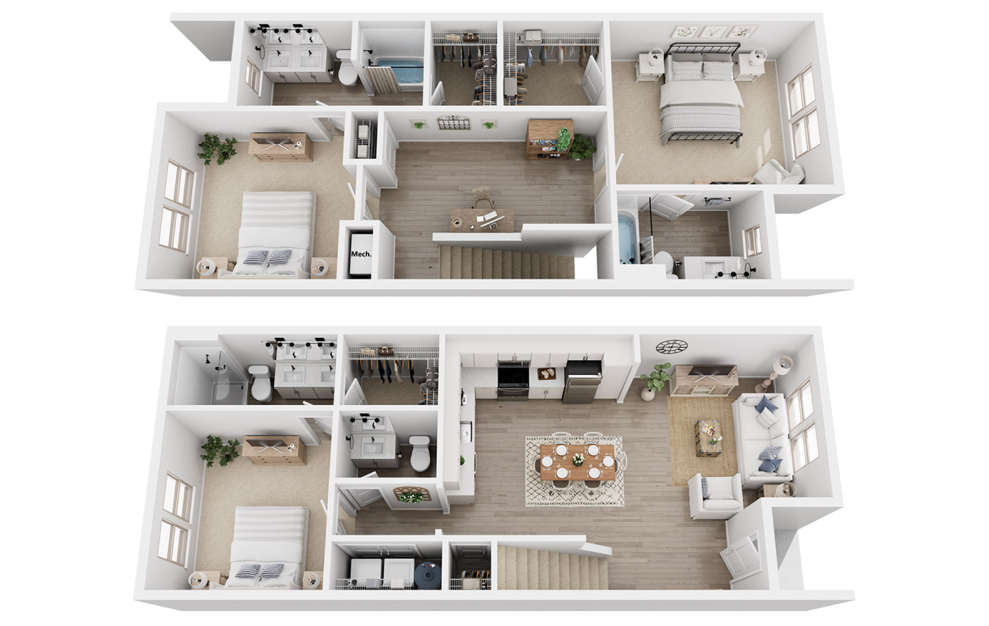 C4B - 3 bedroom floorplan layout with 3.5 baths and 1663 square feet. (3D)