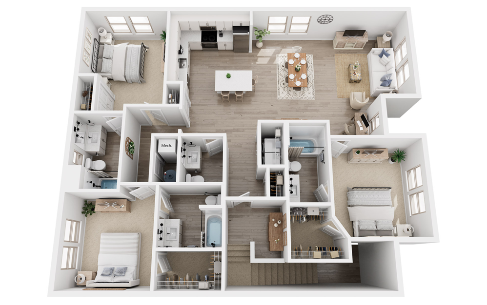 C4C - 3 bedroom floorplan layout with 3.5 bathrooms and 1789 square feet (3D)