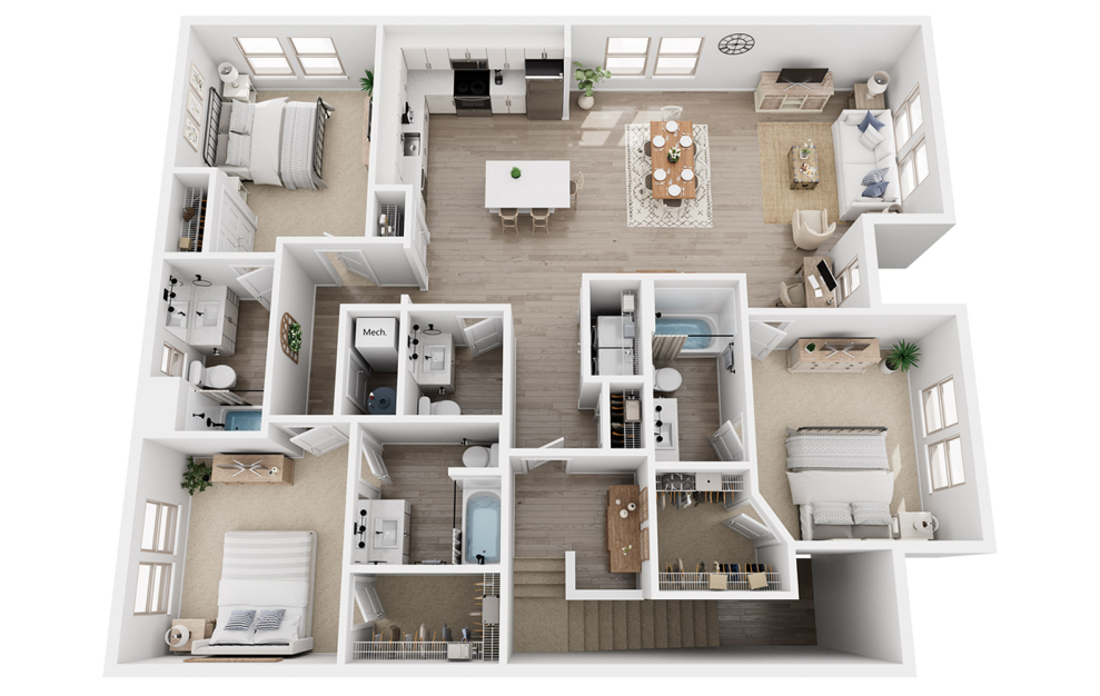 C4C - 3 bedroom floorplan layout with 3.5 baths and 1789 square feet. (3D)