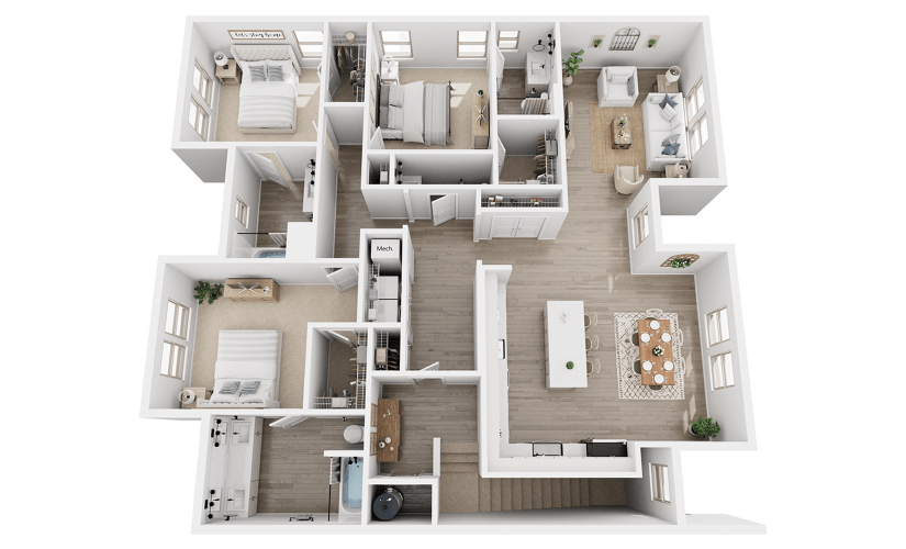 C4D - 3 bedroom floor plan layout with 3.5 bathrooms and 1872 square feet