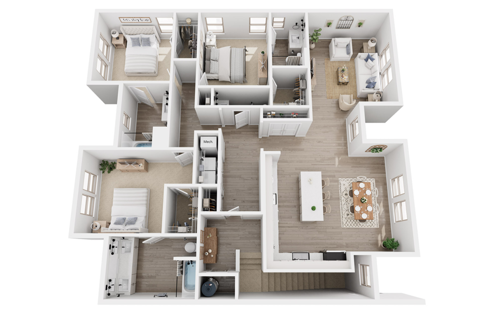 C4D - 3 bedroom floorplan layout with 3.5 baths and 1872 square feet. (3D)