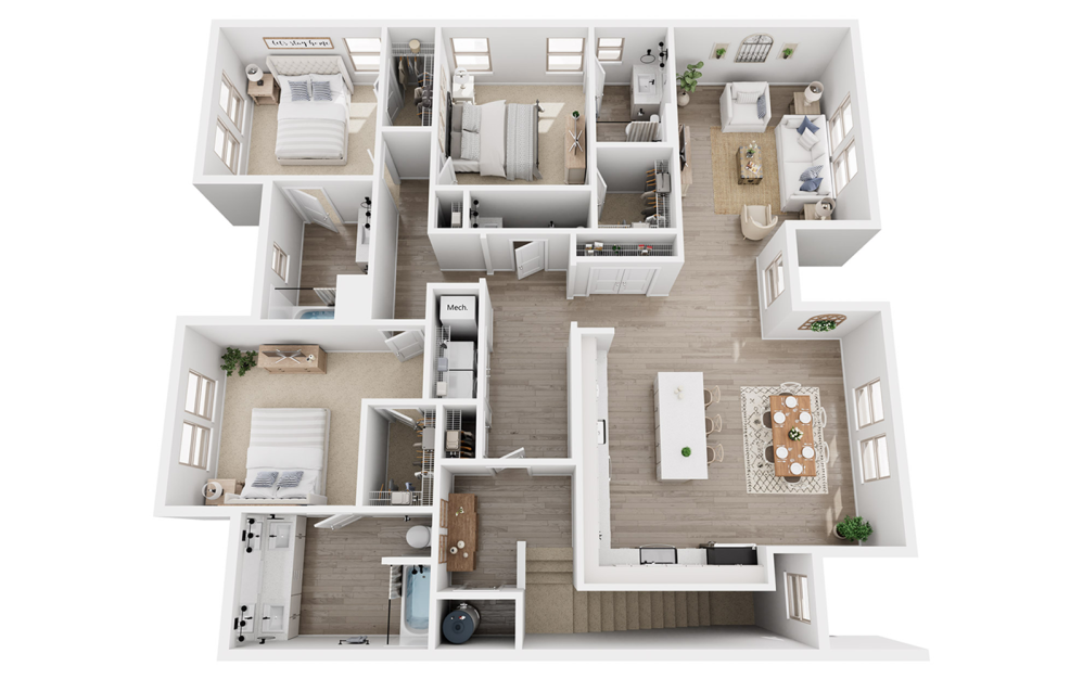 C4D - 3 bedroom floorplan layout with 3.5 bathrooms and 1872 square feet (3D)