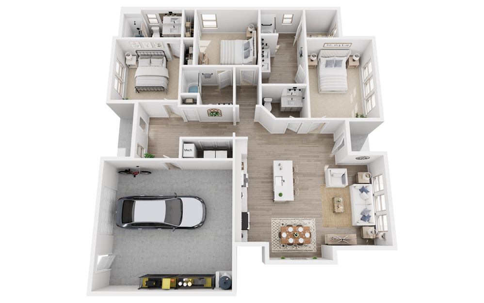 C4E - 3 bedroom floorplan layout with 3.5 bathrooms and 2099 square feet (3D)