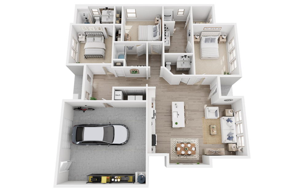 C4E - 3 bedroom floorplan layout with 3.5 baths and 2099 square feet. (3D)