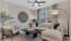 A living room with a beige couch, a wooden chair, a coffee table, and a ceiling fan.